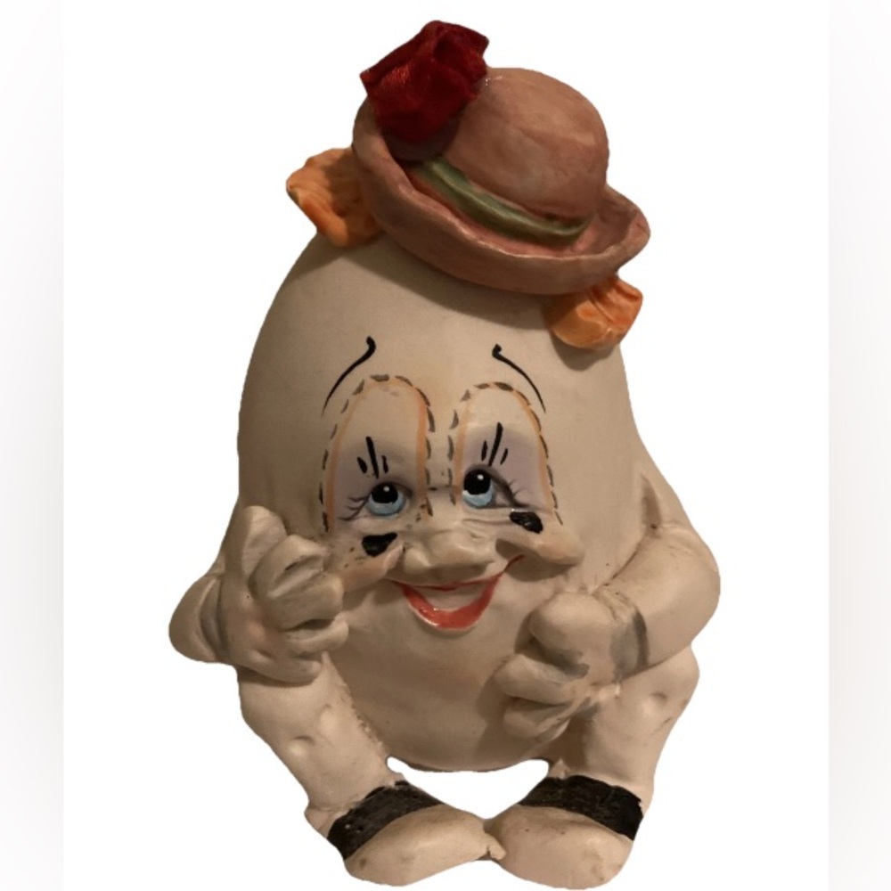 Allyson Nagel 1994 Egg ceramic Clown Sunny Side Up Figurine 3” With Silk Flower